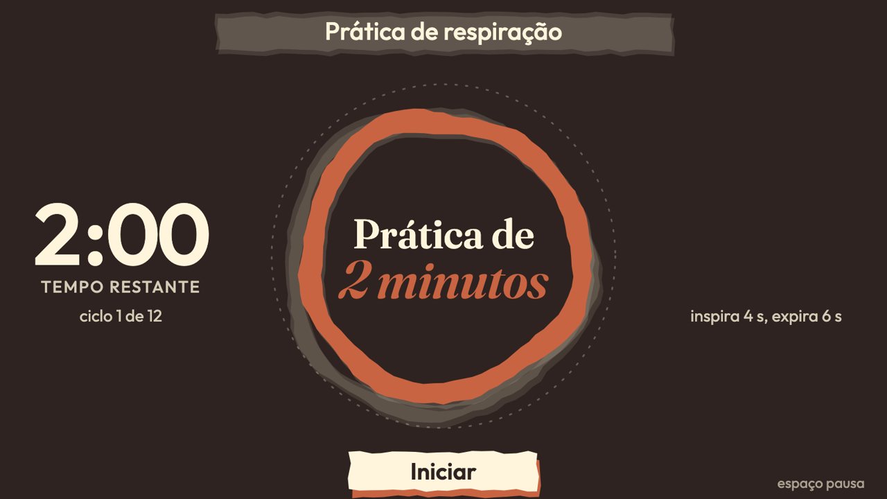 Animação: Guia de respiração: toque em Iniciar. A forma cresce na inspiração (4 s) e murcha na expiração longa (6 s).