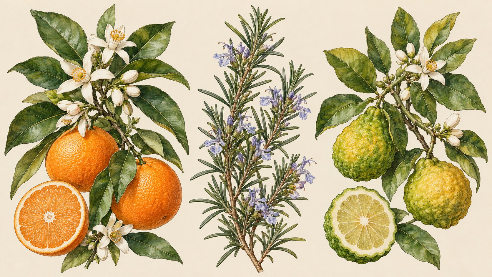 Laranja-doce, alecrim e bergamota