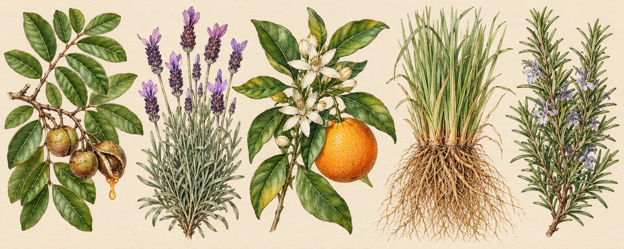 Prancha botânica: copaíba, lavanda, laranja-doce, vetiver e alecrim